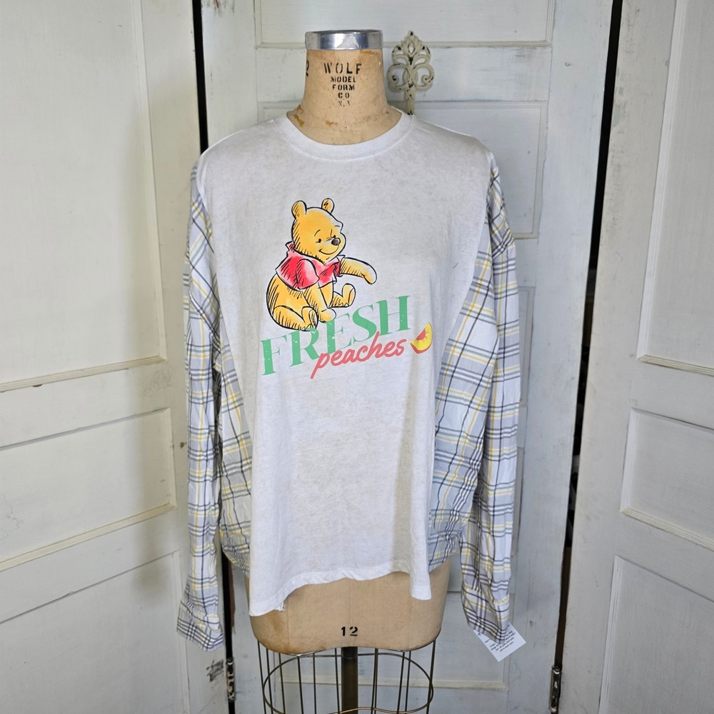 Upcycled‎ Pooh & peaches 2 sided tshirt plaid matching flannel OD